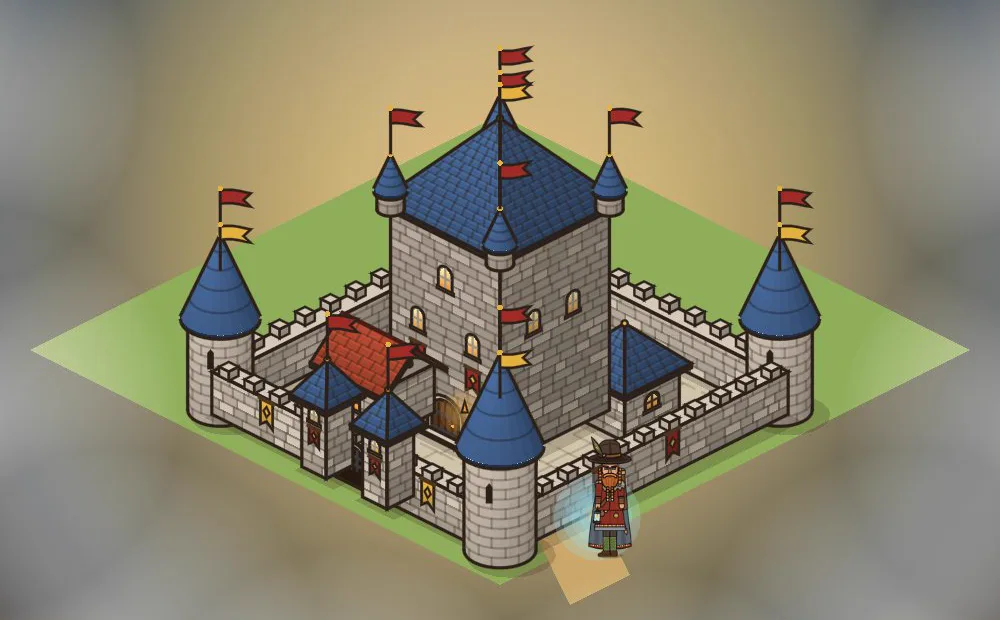 An isometric stone castle with blue roofs and red flags, the hero with his lantern at the gate